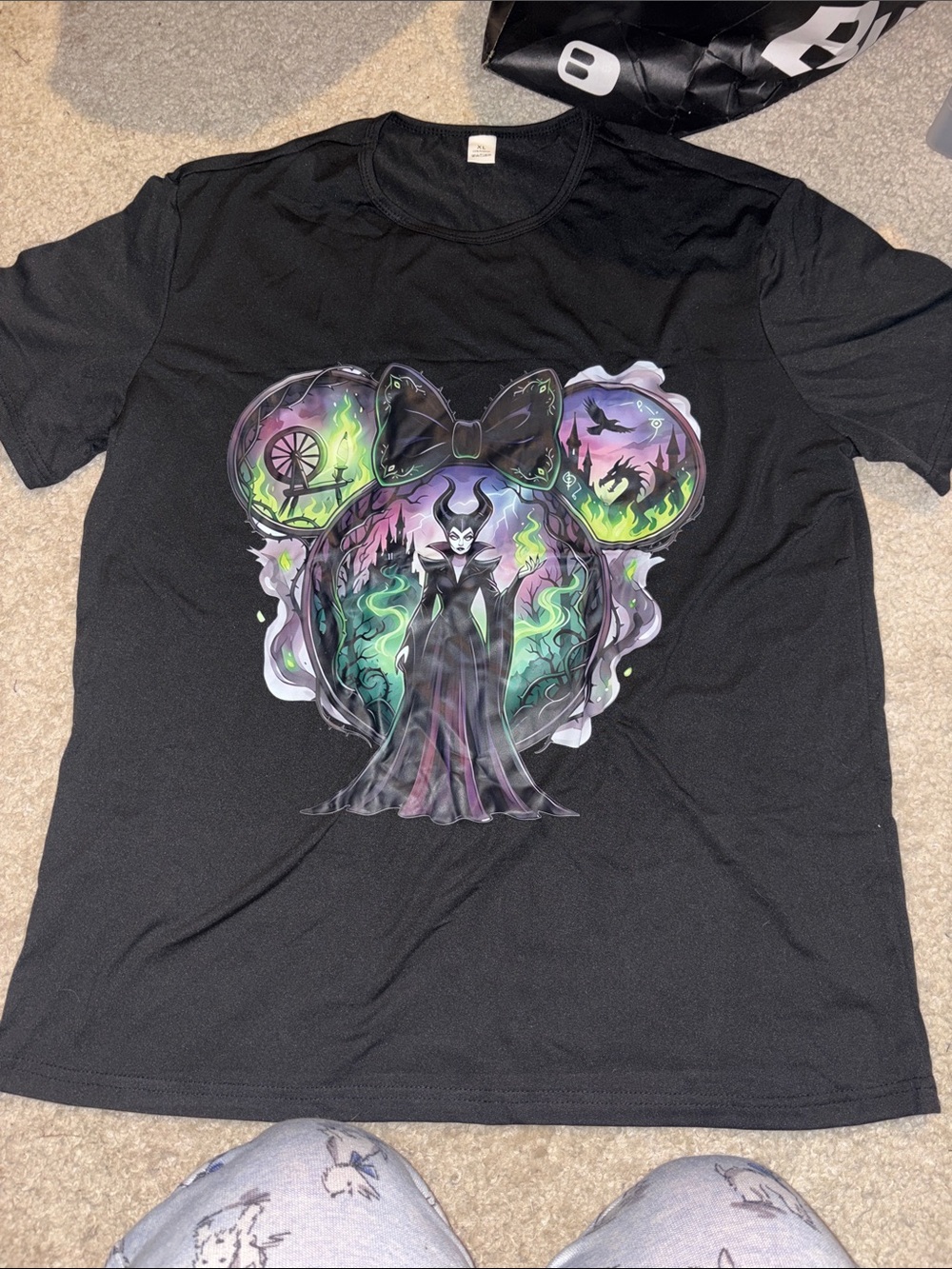 Black Short-Sleeve Graphic Tee with Purple and Green Maleficent-Inspired Design